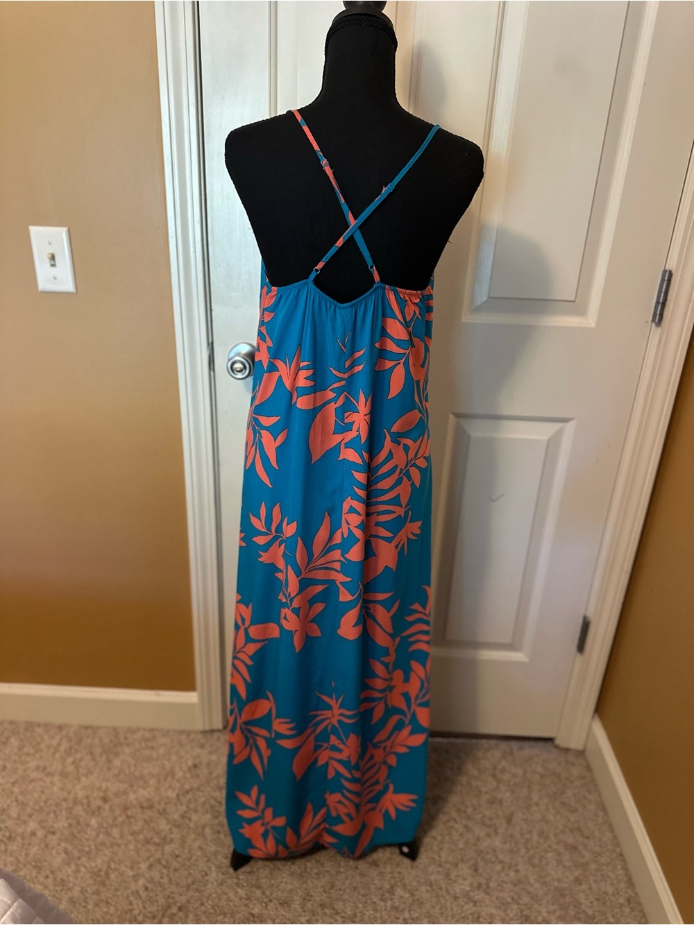 Old Navy Teal Maxi Dress with Coral Floral Print - Picture 2 of 7
